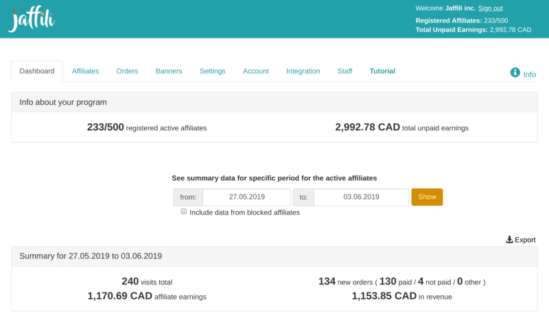 Affiliatly Dashboard